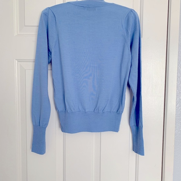 Sandro Blue Crew Neck Sweater with Red Beaded Logo - Picture 2 of 5